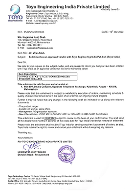 Toyo Engineering India Pvt Ltd Certificate